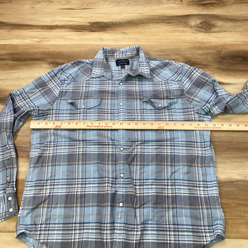 Lucky Brand Western Shirt Mens XL Plaid Saturday Stretch Pearl Snap Blue Grey - Picture 7 of 9
